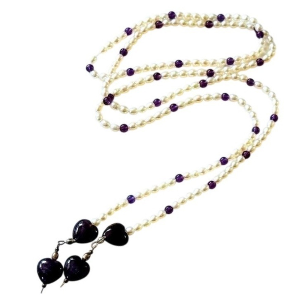 VTG purple amethyst heart beaded wrap necklace Genuine freshwater pearl 38" BOHO